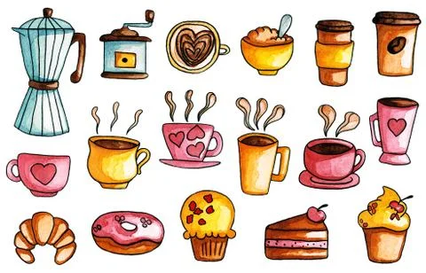 Hand Drawn Watercolor, Coffee Illustrations Set Illustrazione stock