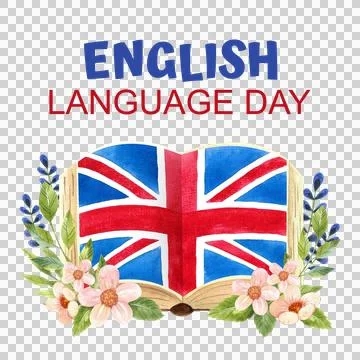 Hand drawn watercolor elements featuring British symbols. English Language Day Stock Illustration