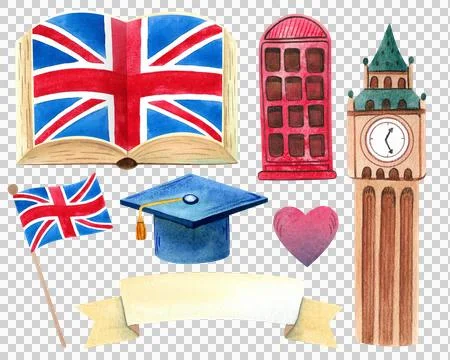 Hand drawn watercolor elements featuring British symbols. English Language Day Stock Illustration