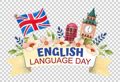 Hand drawn watercolor elements featuring British symbols. English Language Day Stock Illustration