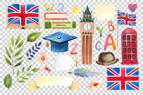 Hand drawn watercolor elements featuring British symbols. English Language Day Illustrazione stock