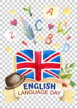 Hand drawn watercolor elements featuring British symbols. English Language Day Stock-Illustration