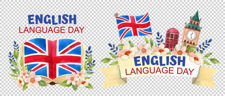 Hand drawn watercolor elements featuring British symbols. English Language Day Stock Illustration