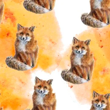 Hand drawn watercolor fox pattern with watercolor spine on white background. Stock Illustration