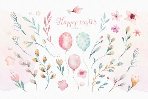 Hand drawn watercolor happy easter set with florals and flowers willow design Stock Illustration