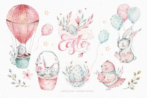 Hand drawn watercolor happy easter set with bunnies and bird design. Rabbit Stock Illustration