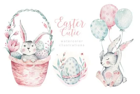 Hand drawn watercolor happy easter set with bunnies design. Rabbit bohemian Stock Illustration