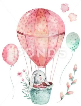 Hand drawn watercolor happy easter set with bunnies design. Rabbit bohemian Stock Illustration