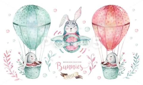 Hand drawn watercolor happy easter set with bunnies design. Rabbit bohemian Stock Illustration