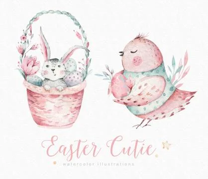 Hand drawn watercolor happy easter set with bunnies and bird design. Rabbit Stock Illustration