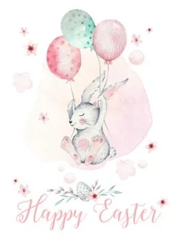 Hand drawn watercolor happy easter set with bunnies design. Rabbit balloon fly Stock Illustration