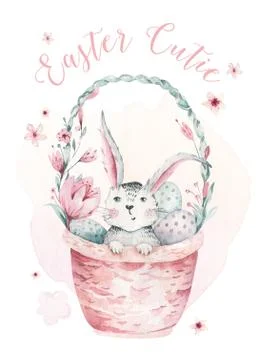 Hand drawn watercolor happy easter set with bunnies design. Rabbit bohemian Stock Illustration