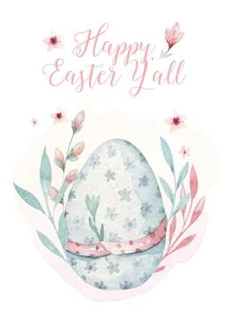 Hand drawn watercolor happy easter set with eggs design. Egg with basket Stock Illustration