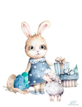 Hand drawn watercolor happy easter cute bunny with sheep and mill design. Rab Stock Illustration