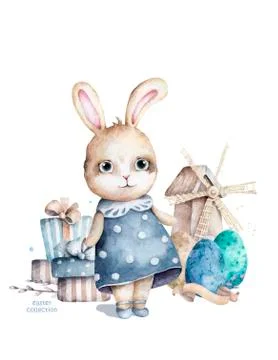 Hand drawn watercolor happy easter cute bunny with sheep and mill design. Rab Stock Illustration