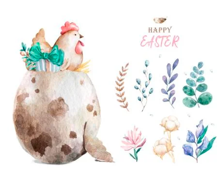 Hand drawn watercolor happy easter Watecolor cute chicke on egg with floral s Stock Illustration