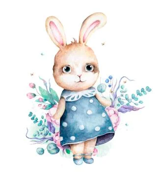 Hand drawn watercolor happy easter set with two bunnies with sheep and mill d Stock Illustration