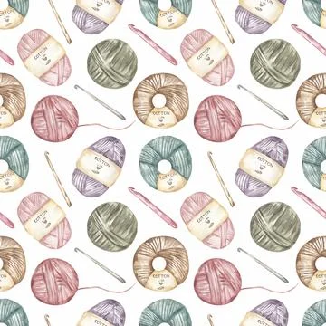 Hand-drawn watercolor knitting elements repeat paper. crafts and Hobbies seam Illustrazione stock