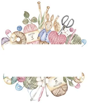 Hand-drawn watercolor knitting elements frame clipart. crafts and Hobbies w.. Stock Illustration