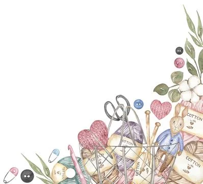 Hand-drawn watercolor knitting elements corner border frame clipart. crafts.. Stock Illustration