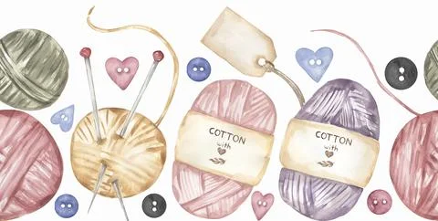 Hand-drawn watercolor knitting elements seamless border frame clipart. craf.. Stock Illustration