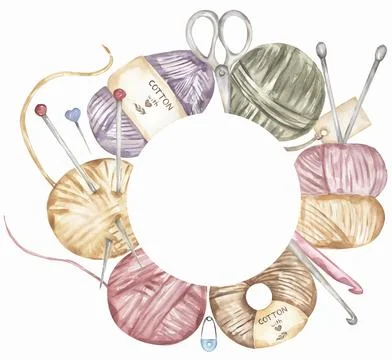 Hand-drawn watercolor knitting elements frame clipart. crafts and Hobbies w.. Stock Illustration