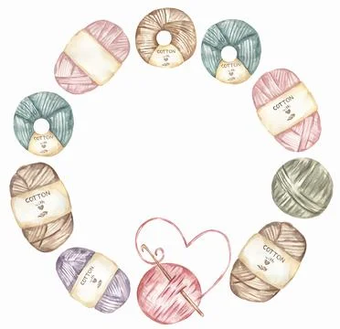 Hand-drawn watercolor knitting elements frame clipart. crafts and Hobbies w.. Stock Illustration