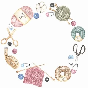 Hand-drawn watercolor knitting elements frame clipart. crafts and Hobbies w.. Stock Illustration