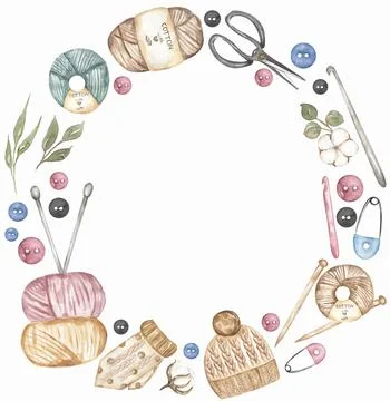 Hand-drawn watercolor knitting elements frame clipart. crafts and Hobbies w.. Stock-Illustration