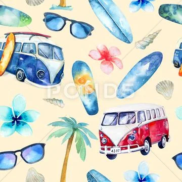 Hand drawn watercolor ocean surfing set. Beach holiday tropical Stock Photos
