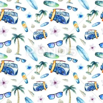 Hand drawn watercolor ocean surfing set. Beach holiday tropical Stock Photos