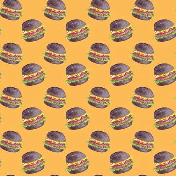 Hand drawn watercolor pattern with black burger Stock Illustration