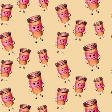 Hand drawn watercolor pattern with Coffee cup Stock Illustration