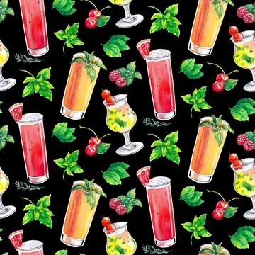 Hand drawn watercolor pattern with drink. Cocktail, mojito, mint and berry Illustrazione stock