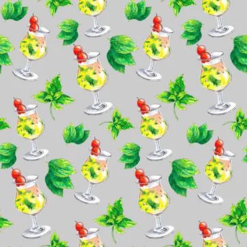 Hand drawn watercolor pattern with drink. Cocktail, mojito, mint and berry Stock Illustration