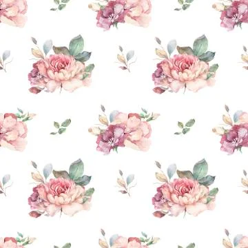 Hand drawn watercolor pattern with red, white and blue roses, peony and lilac Illustrazione stock