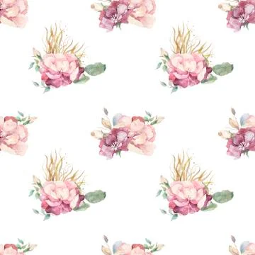 Hand drawn watercolor pattern with red, white and blue roses, peony and lilac Stock Illustration