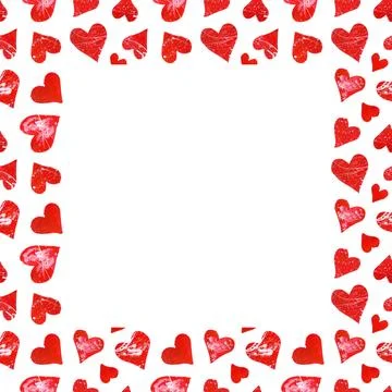 Hand drawn watercolor pattern with red hearts. Trendy square art template. Illustrazione stock
