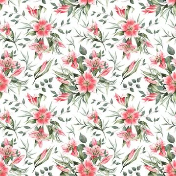 Hand drawn watercolor pattern. Spring pattern with pink lilies and green leav Stock Illustration