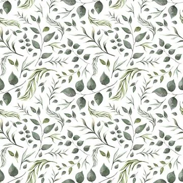 Hand drawn watercolor pattern. Spring pattern with green leaves Great for app Stock Illustration