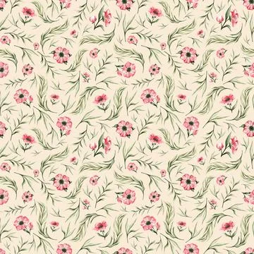 Hand drawn watercolor pattern. Spring pattern with green leaves and pink flow Stock Illustration