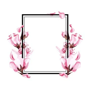 Hand drawn watercolor rectangle line frame with sakura flowers. Stock Illustration
