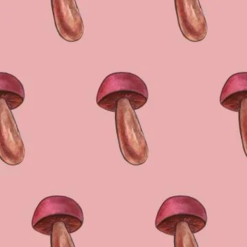 Hand-drawn watercolor seamless pattern of the different autumn fall mushrooms Stock Illustration