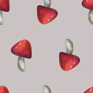 Hand-drawn watercolor seamless pattern of the different autumn fall mushrooms Stock Illustration