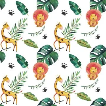 Hand-drawn watercolor seamless pattern. Green tropical leaves and wild animals イラスト素材