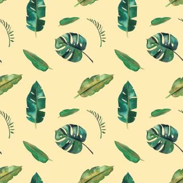 Hand-drawn watercolor seamless pattern. Green tropical leaves イラスト素材