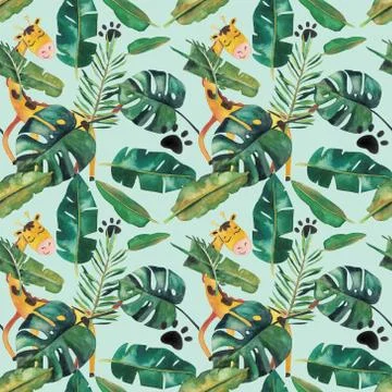 Hand-drawn watercolor seamless pattern. Green tropical leaves and wild animals Stock Illustration