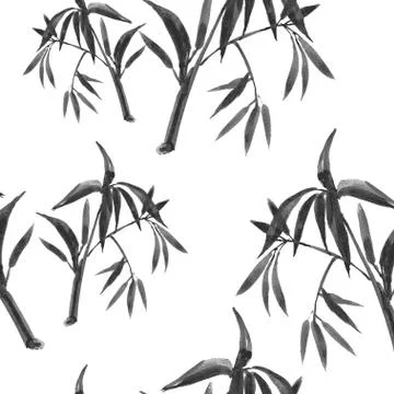 Hand-drawn watercolor seamless pattern with bamboo plant drawing. Repeated ba Stock Illustration