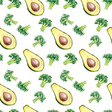 Hand drawn watercolor seamless pattern with avocado and broccoli Stock Illustration