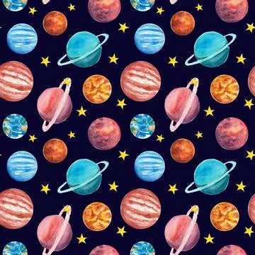 Hand drawn watercolor seamless pattern with planets Stock Illustration
